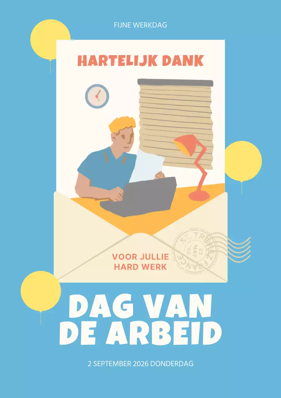 Een eenvoudige aankondiging van de Dag van de Arbeid in blauw en geel