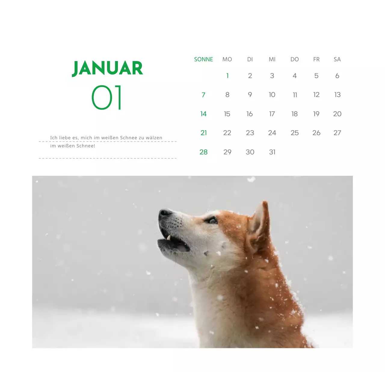 Ein Kalender mit einem Welpenfoto und einer süßen Botschaft in grüner Akzentfarbe
