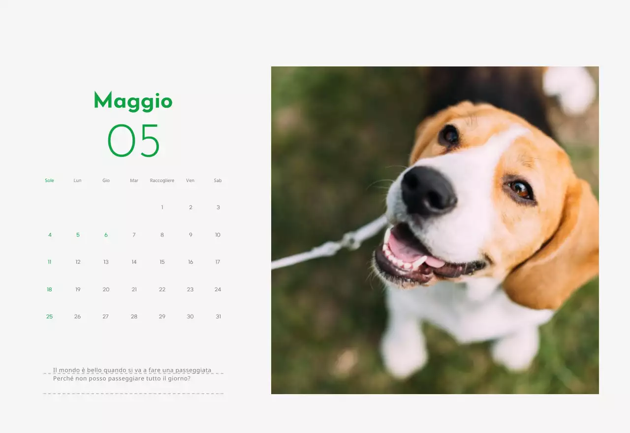 Un calendario con la foto di un cucciolo e un simpatico messaggio in colore verde.