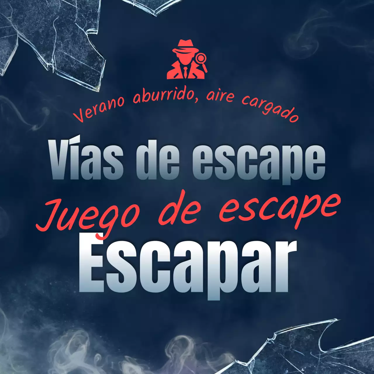 Promueve un juego de escape room con un toque de fantasía en azul marino y rojo