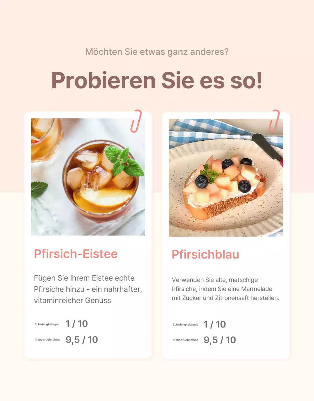 Werbung für frische pfirsichfarbene Optionen und Produktdetails in einem klaren Farbschema aus Gelb und Rosa