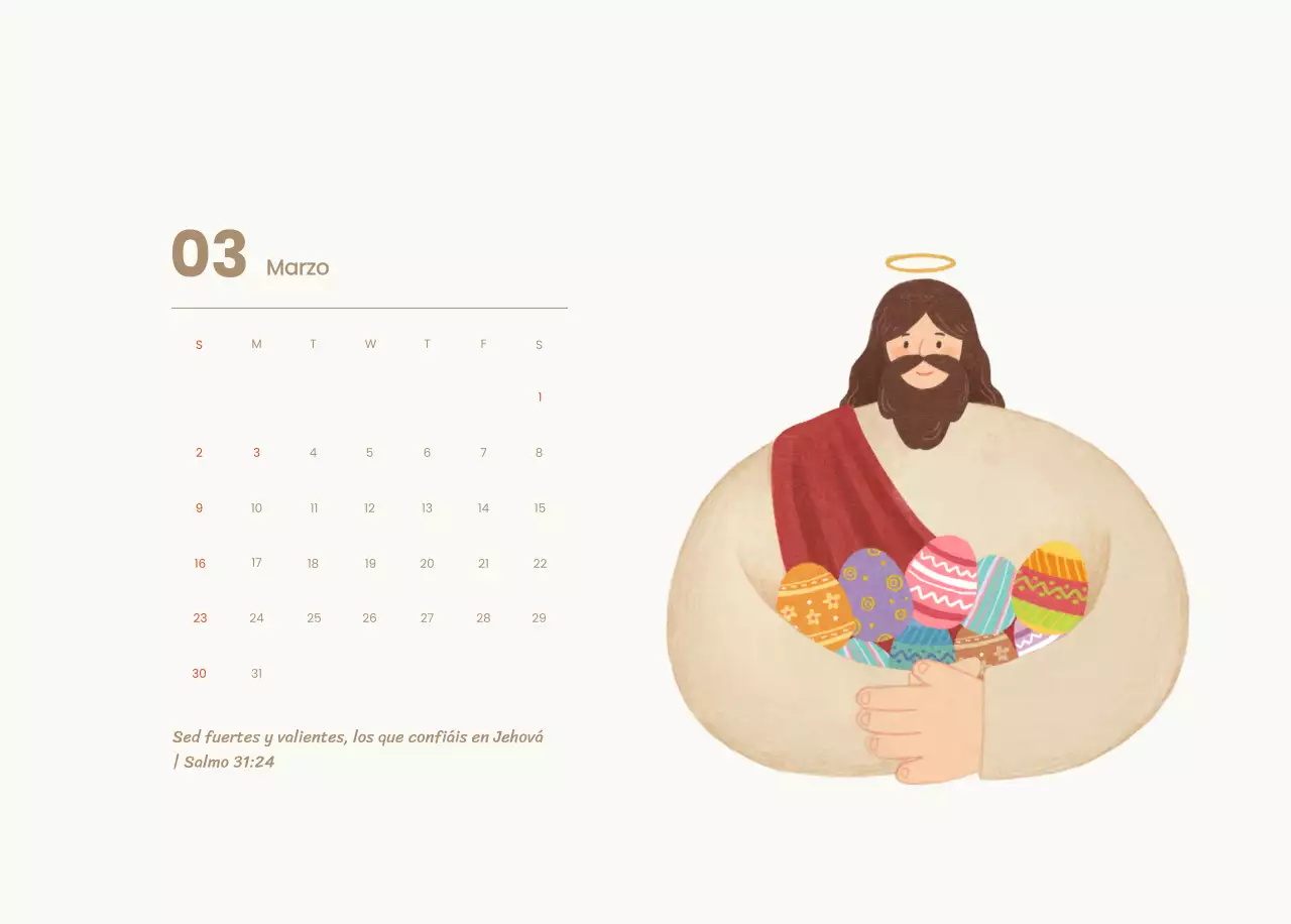 Un calendario devocional con acogedoras ilustraciones y versículos bíblicos sobre fondo azul claro