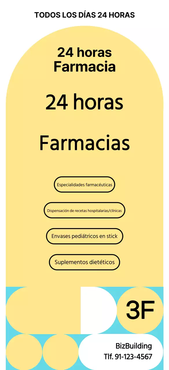 Guía de farmacia ordenada, amarilla y abierta las 24 horas