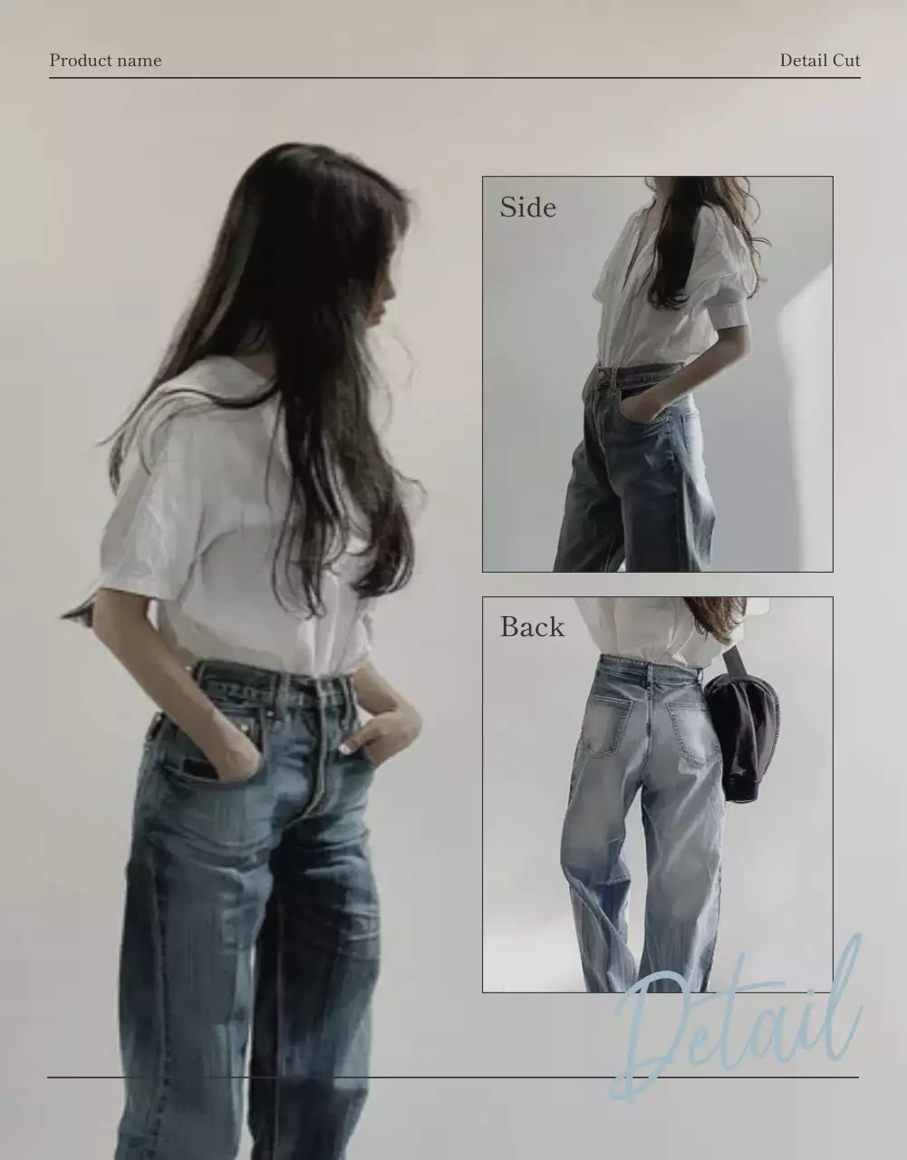 아이보리와 하늘색의 모던한 잡지 컨셉 패션 사진 룩북 홍보