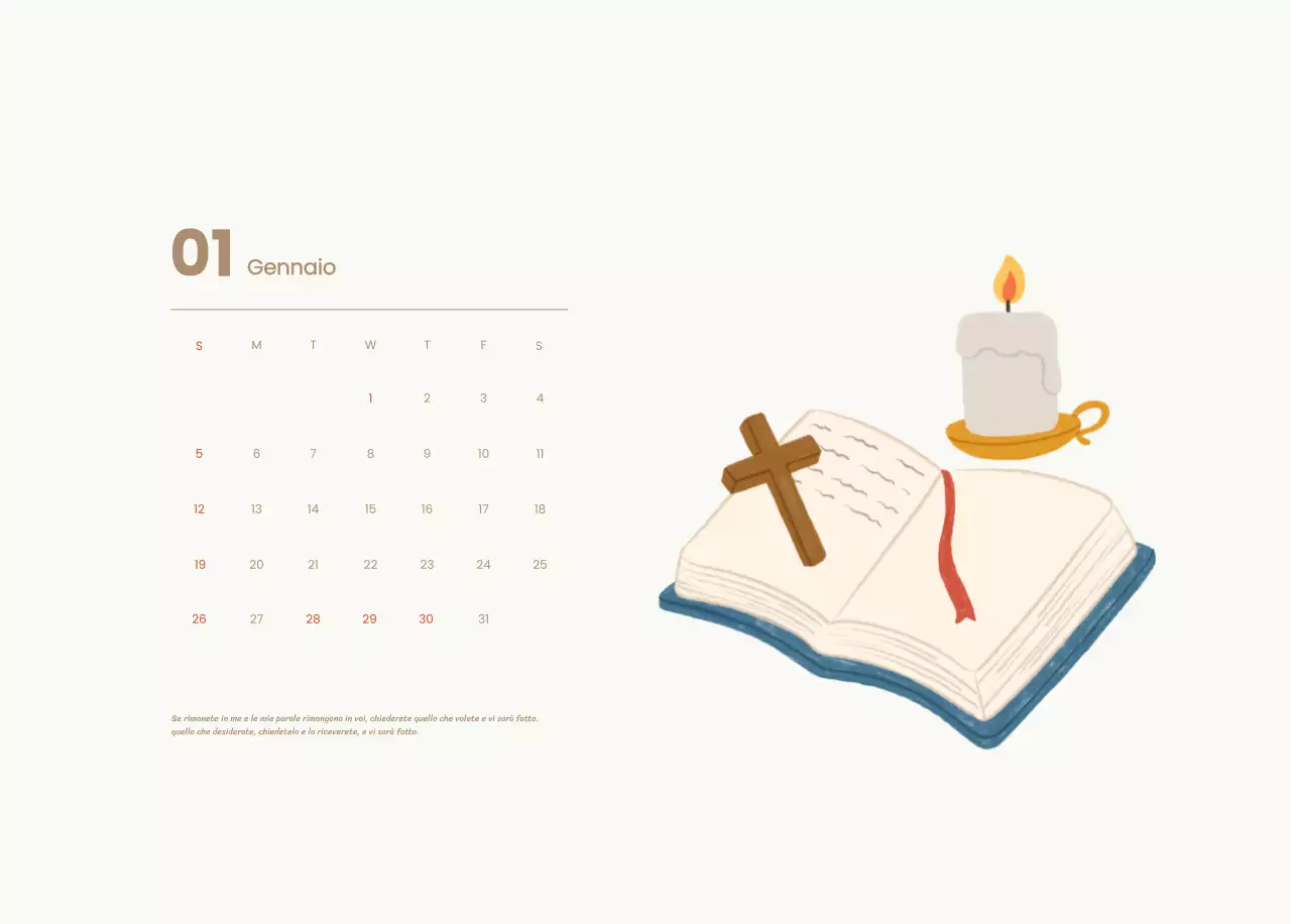 Un calendario devozionale con illustrazioni accoglienti e versetti della Bibbia su uno sfondo blu chiaro