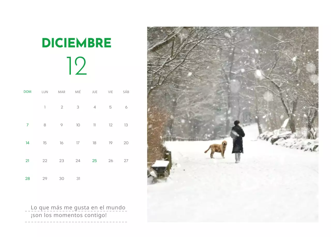 Un calendario con una foto de un cachorro y un bonito mensaje en color verde