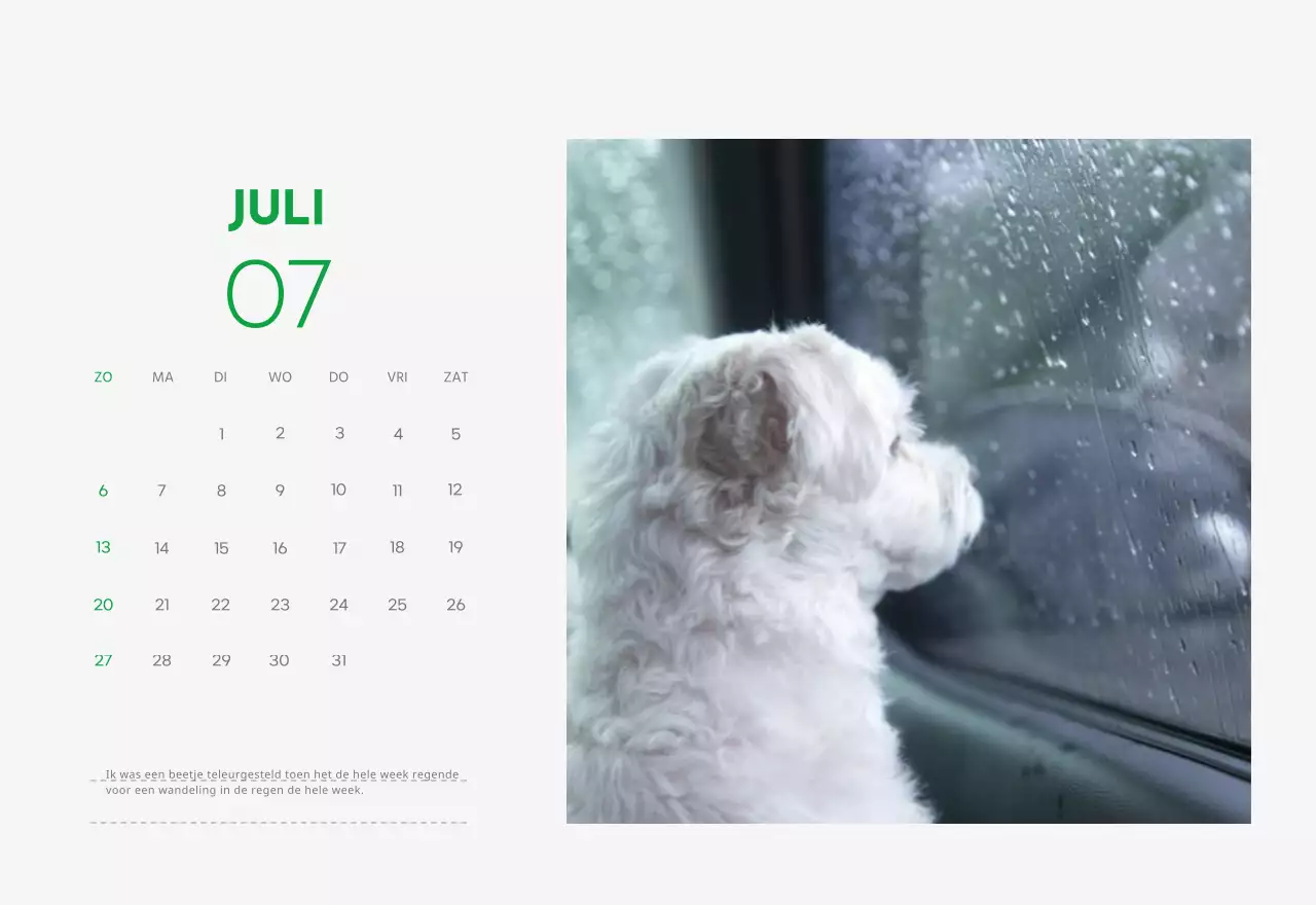 Een kalender met een puppyfoto en een schattige boodschap in groene accentkleur