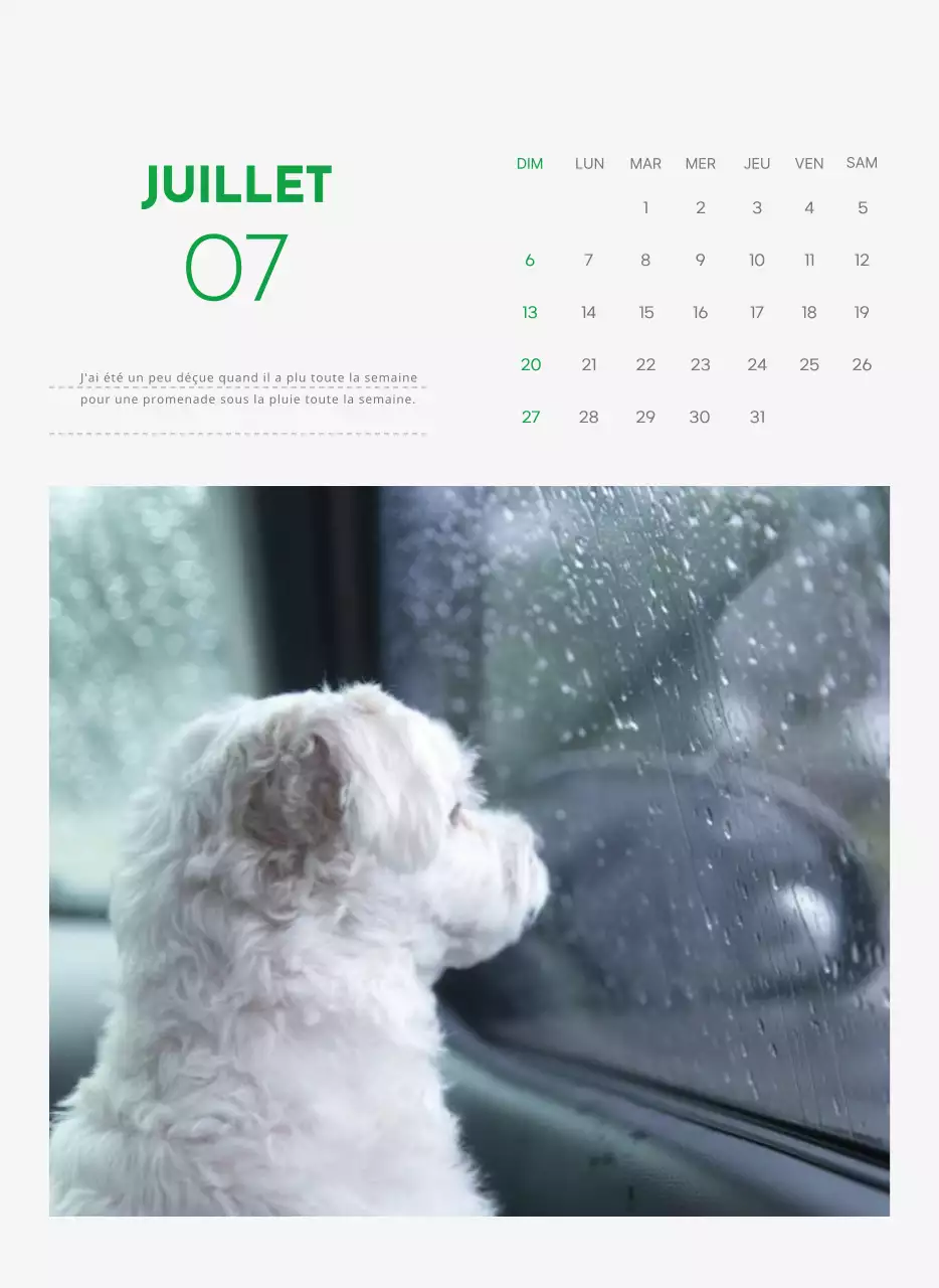 Un calendrier avec une photo de chiot et un message mignon dans une couleur verte.