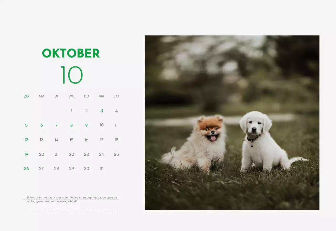 Een kalender met een puppyfoto en een schattige boodschap in groene accentkleur