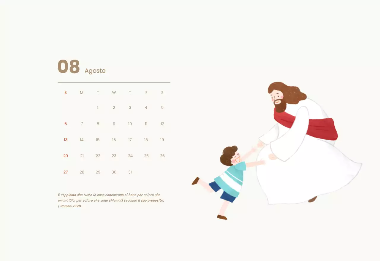 Un calendario devozionale con illustrazioni accoglienti e versetti della Bibbia su uno sfondo blu chiaro