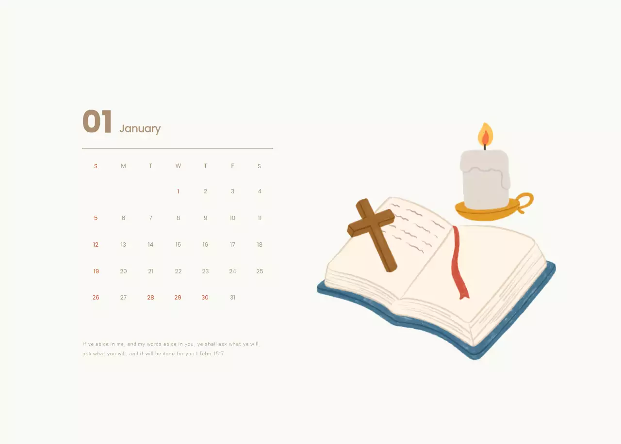 Word calendar with cozy illustrations and Bible verses on a light blue background