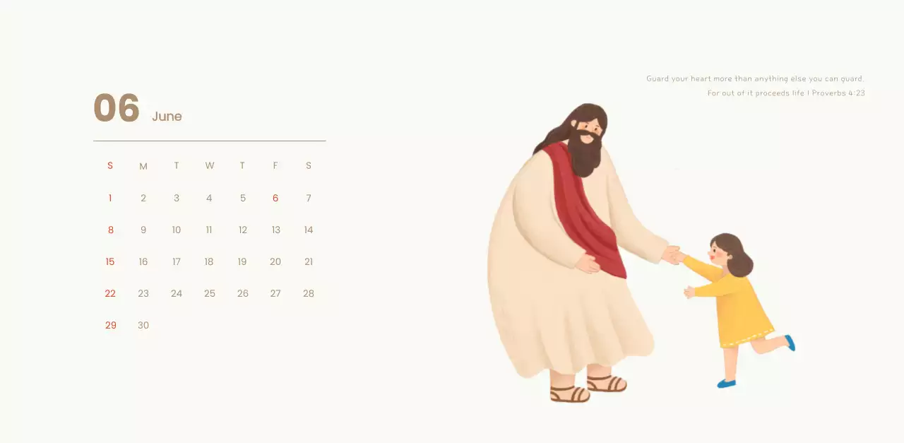 Word calendar with cozy illustrations and Bible verses on a light blue background