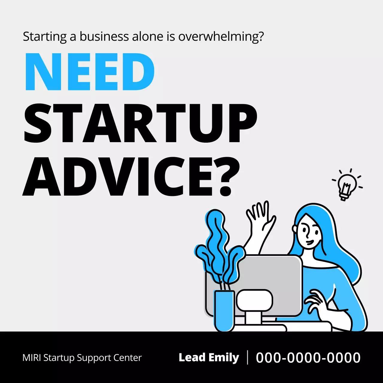 A minimalist gray and light blue startup advice pitch