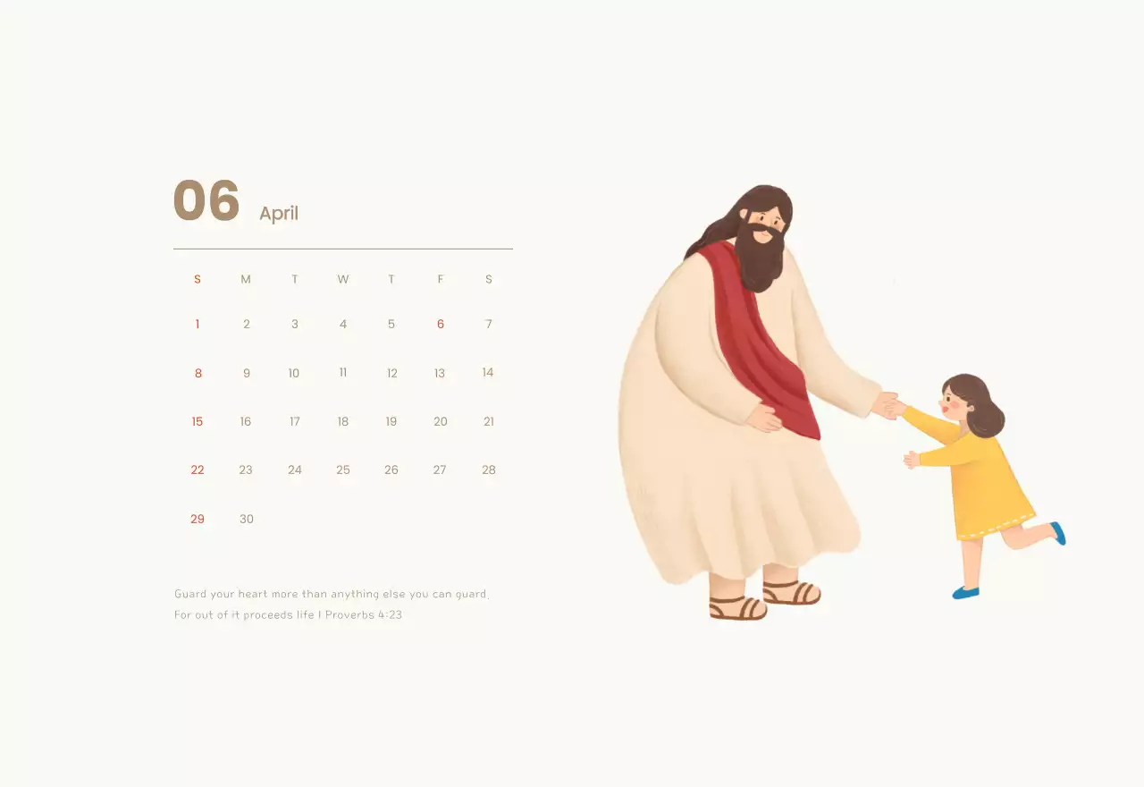 Word calendar with cozy illustrations and Bible verses on a light blue background