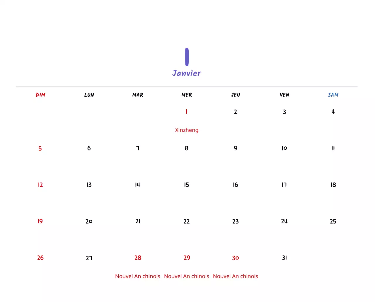 Calendrier du Nouvel An avec de jolies illustrations