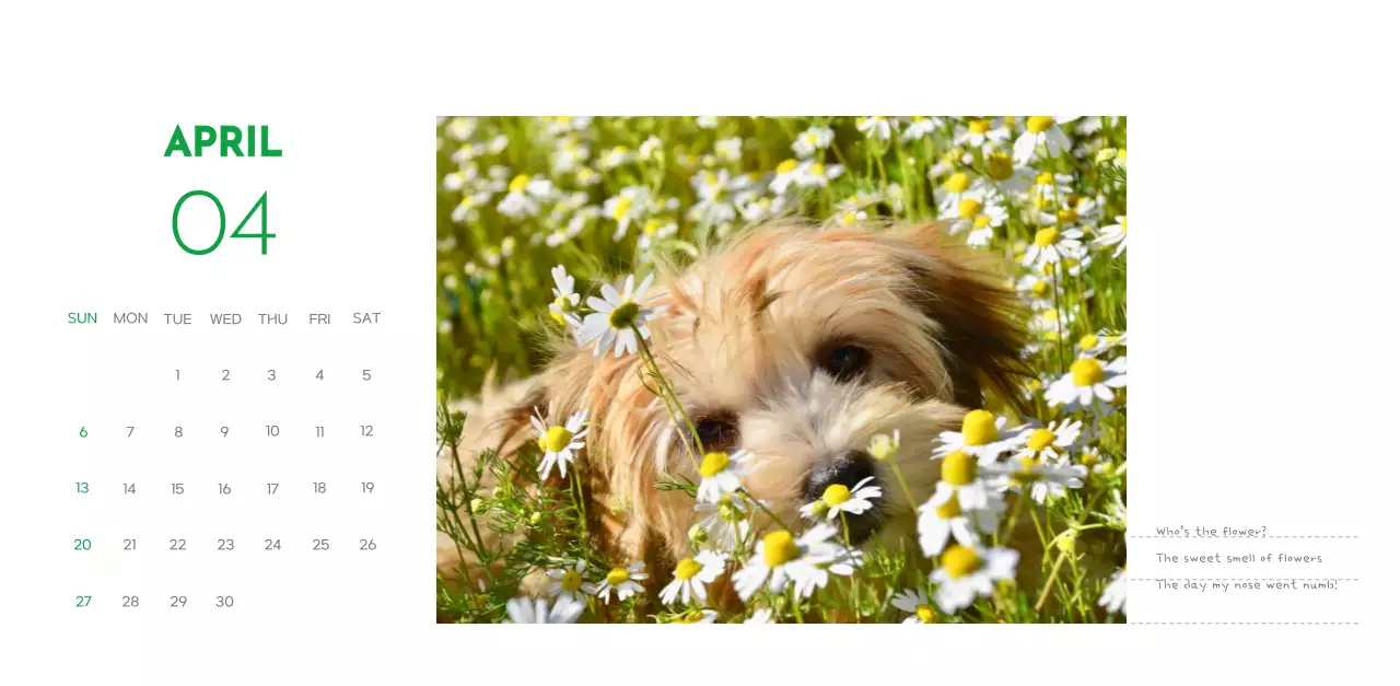 A calendar with a puppy photo and cute message in a green accent color