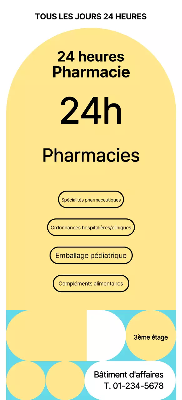 Guide de pharmacie soigné, jaune et accessible 24 heures sur 24