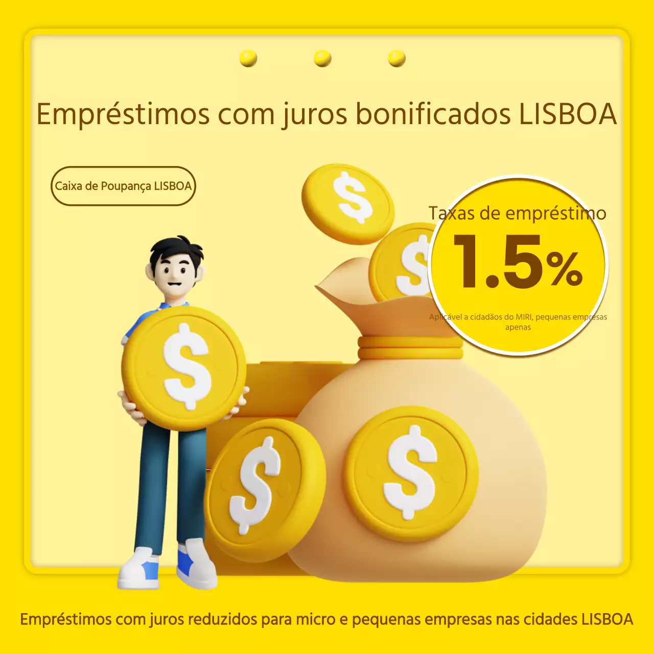 Informações sobre empréstimos com juros baixos destacadas a amarelo e castanho