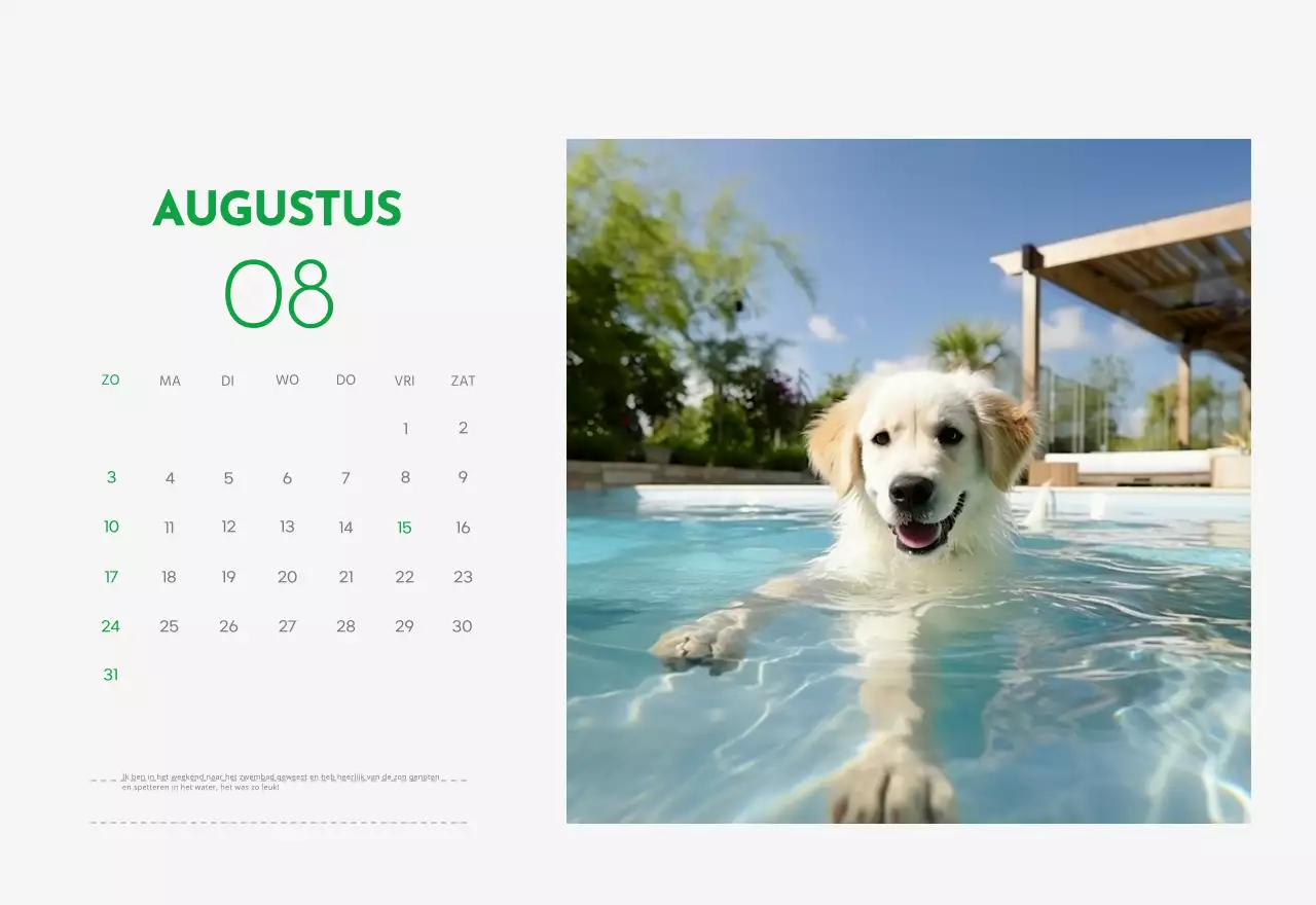 Een kalender met een puppyfoto en een schattige boodschap in groene accentkleur