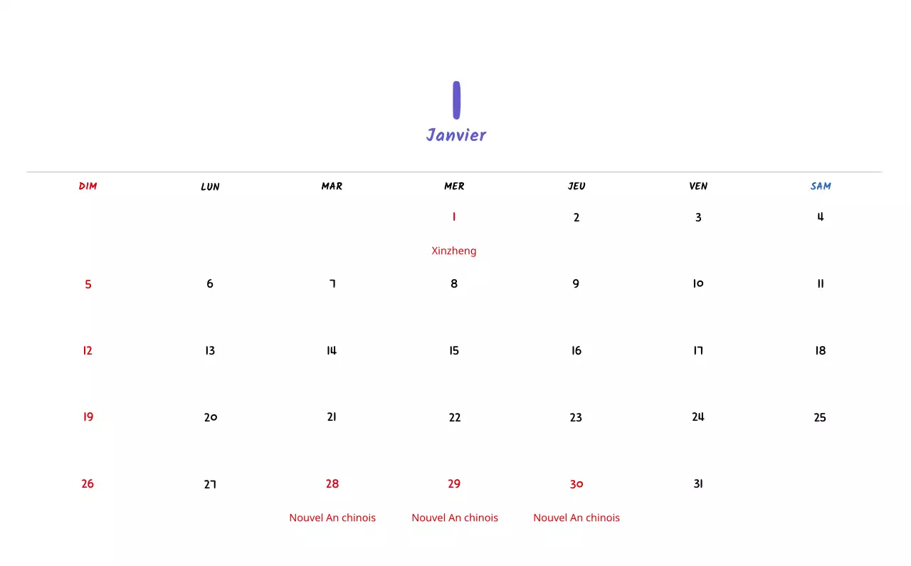 Calendrier du Nouvel An avec de jolies illustrations