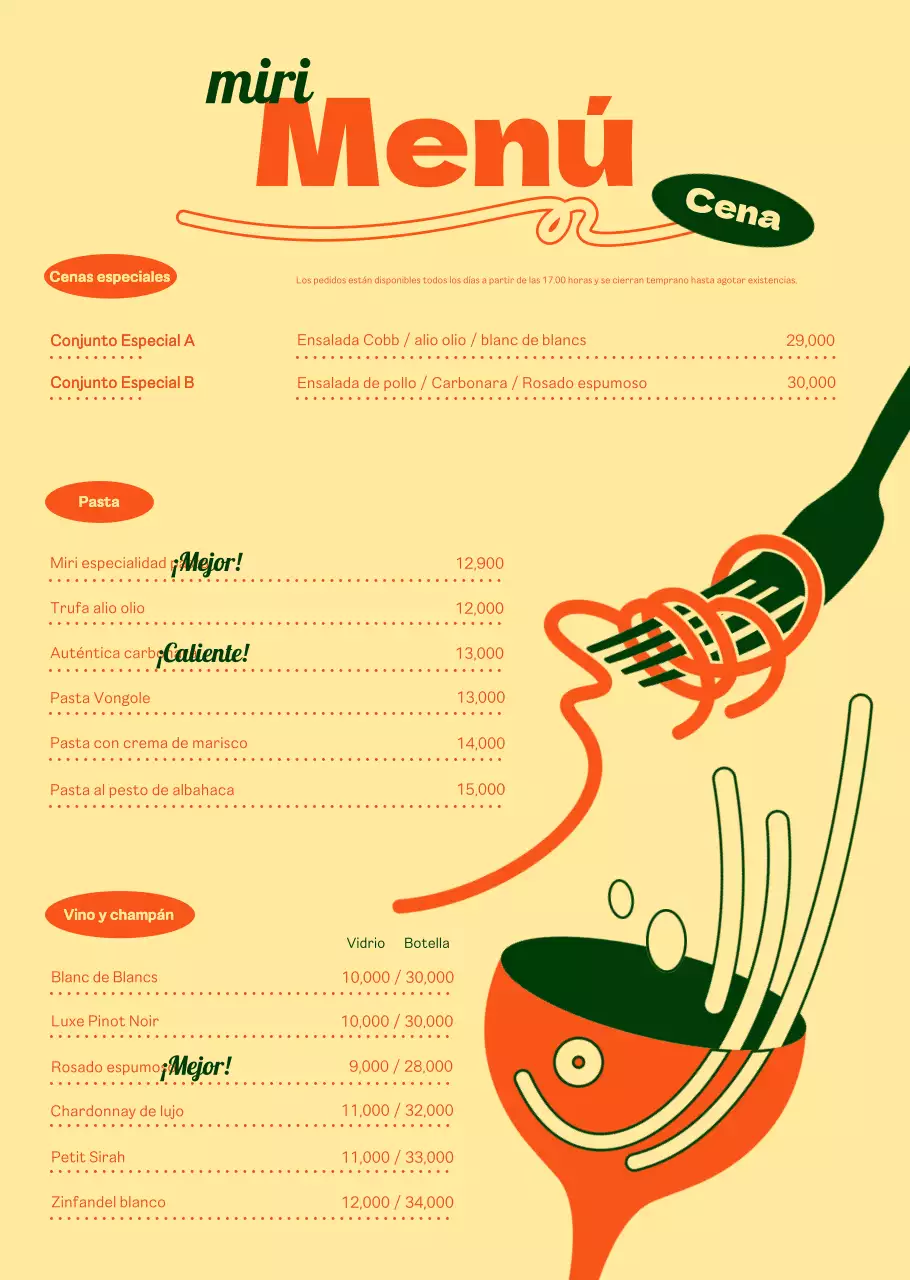 Sobre el menú de pasta chic en naranja y marfil