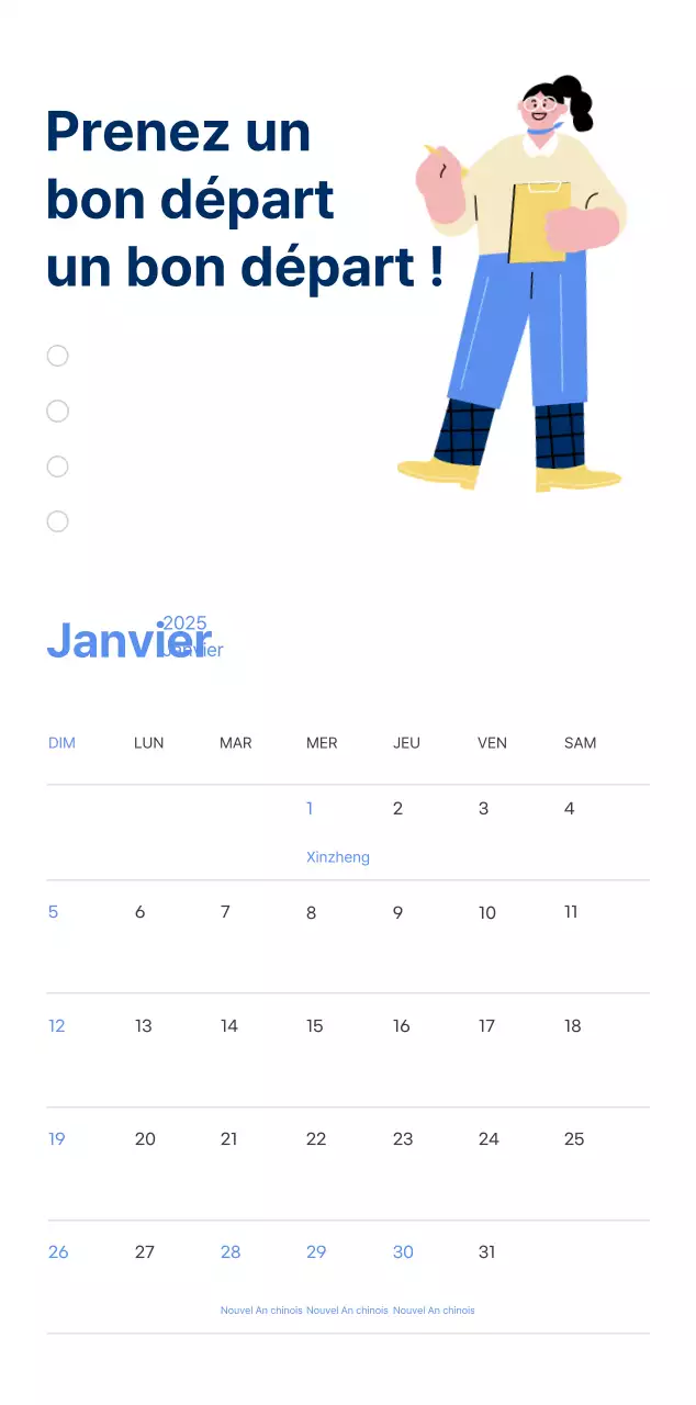 Calendrier de motivation avec des illustrations énergiques et des citations positives sur un fond bleu clair
