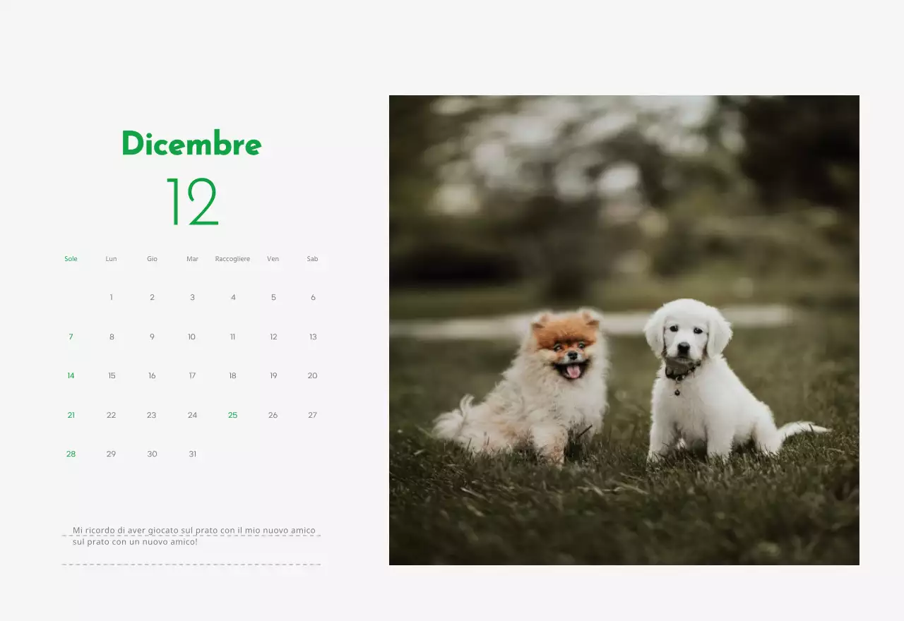 Un calendario con la foto di un cucciolo e un simpatico messaggio in colore verde.