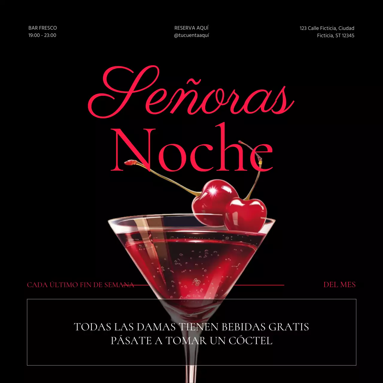 Promociona un descuento en cócteles de lujo para el Día de la Mujer en negro y rojo