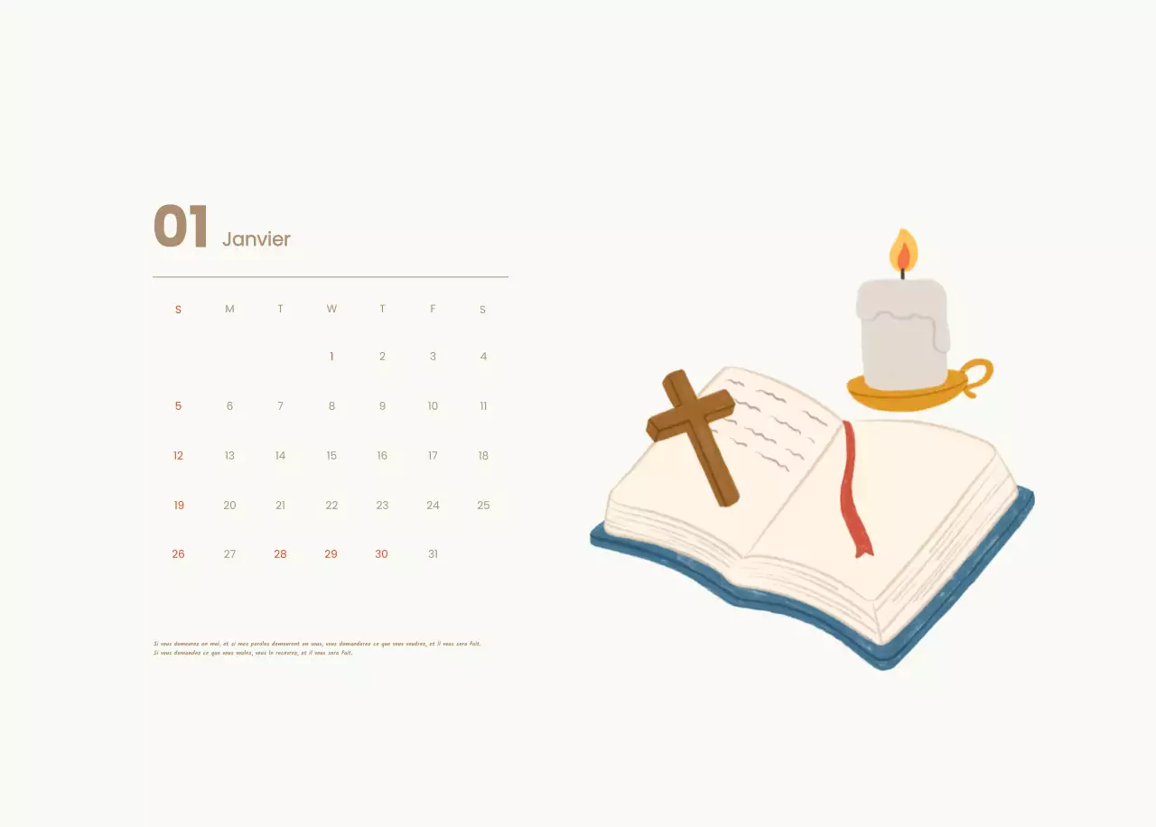 Un calendrier dévotionnel avec des illustrations douces et des versets bibliques sur un fond bleu clair.