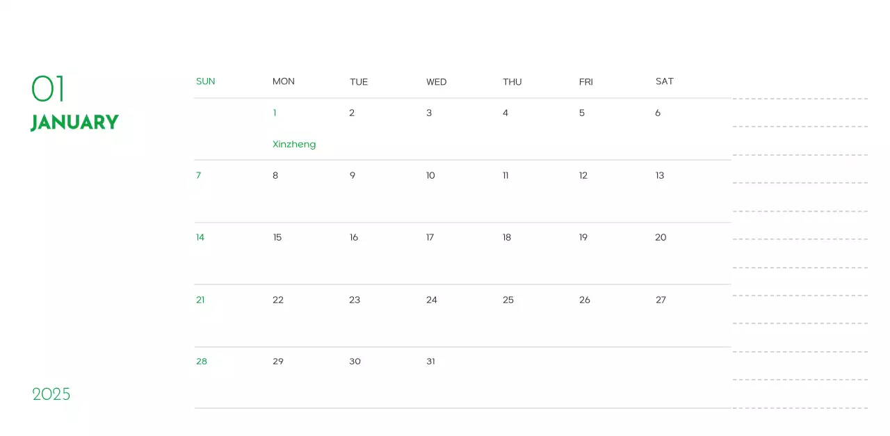 A calendar with a puppy photo and cute message in a green accent color