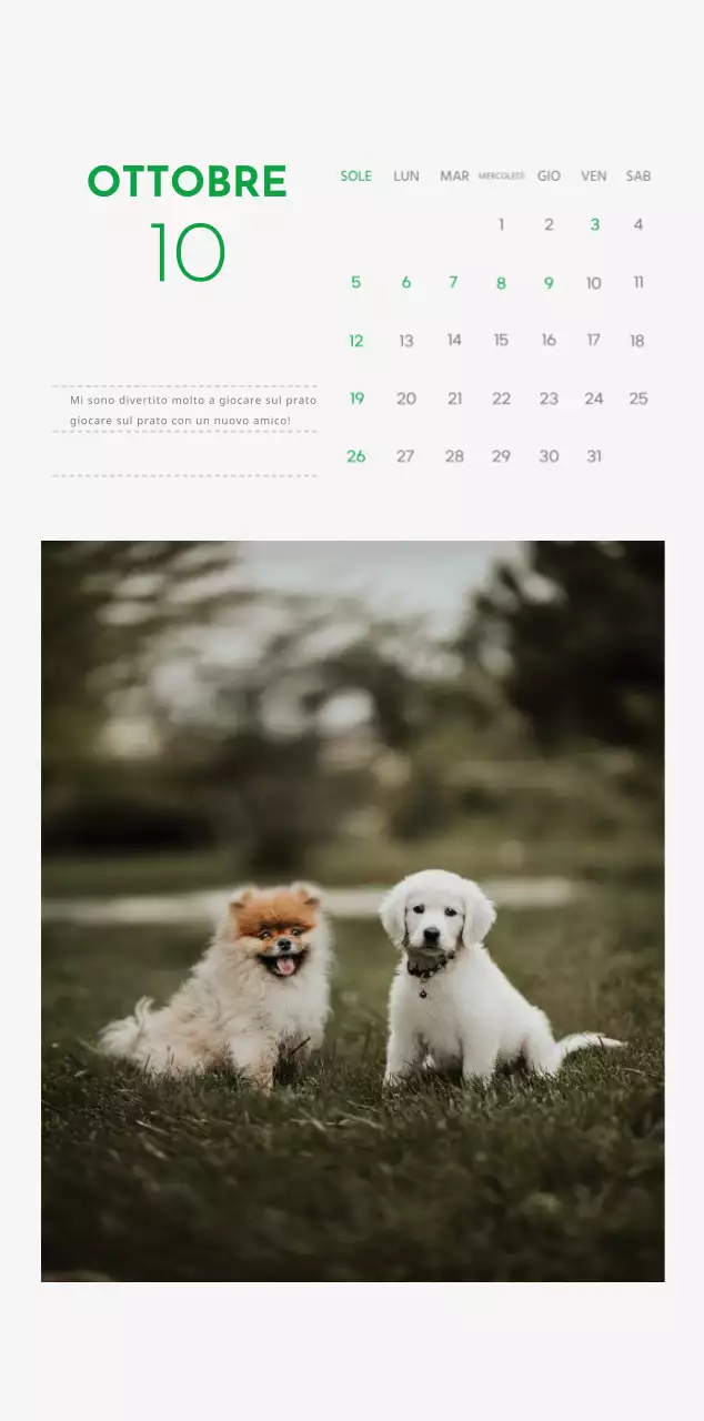 Un calendario con la foto di un cucciolo e un simpatico messaggio in colore verde.