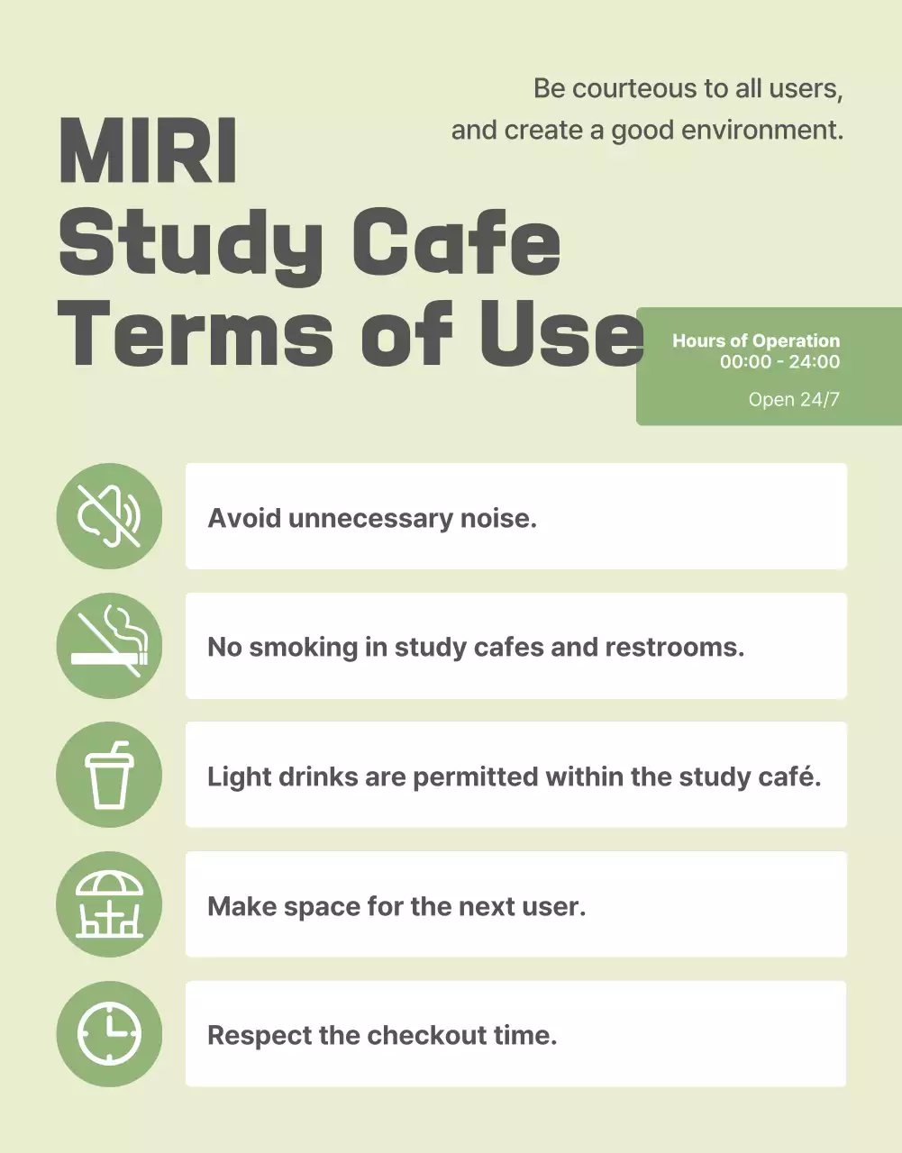 Cartaz de diretrizes do Green Simple Cafe
