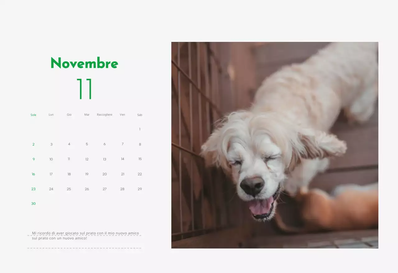 Un calendario con la foto di un cucciolo e un simpatico messaggio in colore verde.