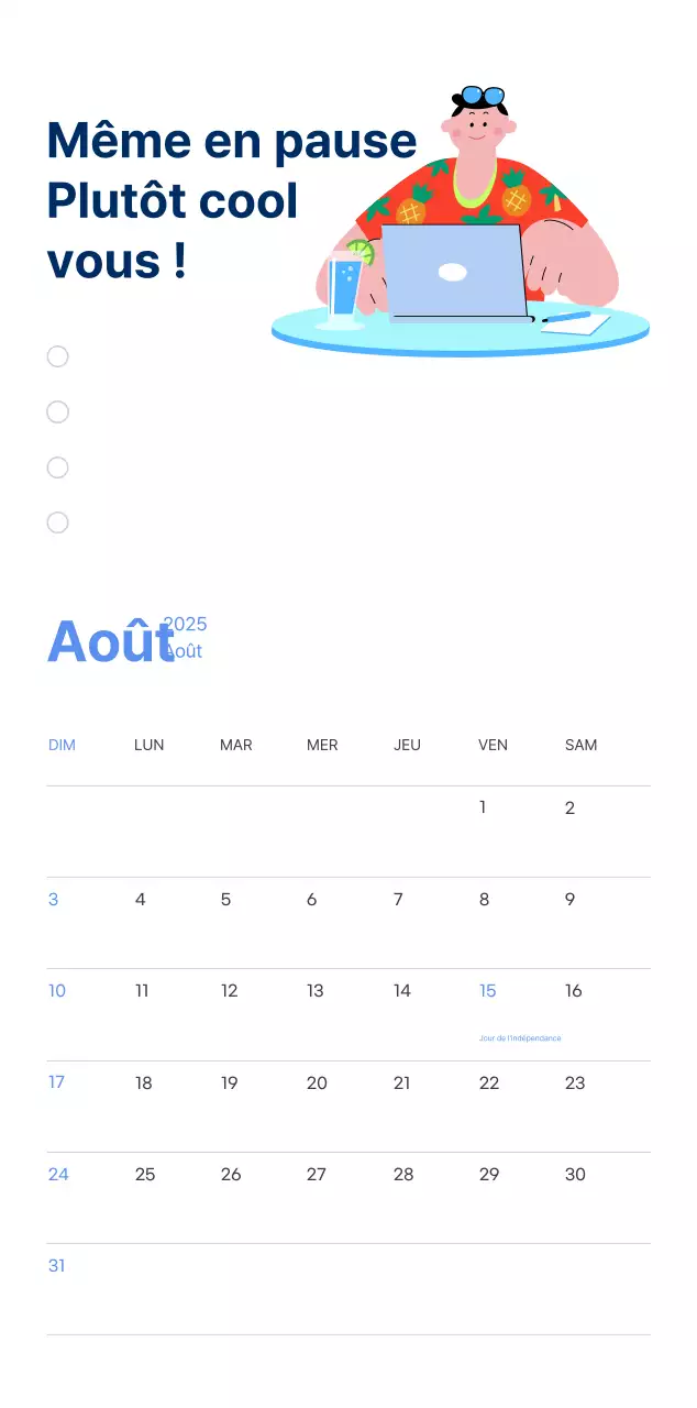 Calendrier de motivation avec des illustrations énergiques et des citations positives sur un fond bleu clair