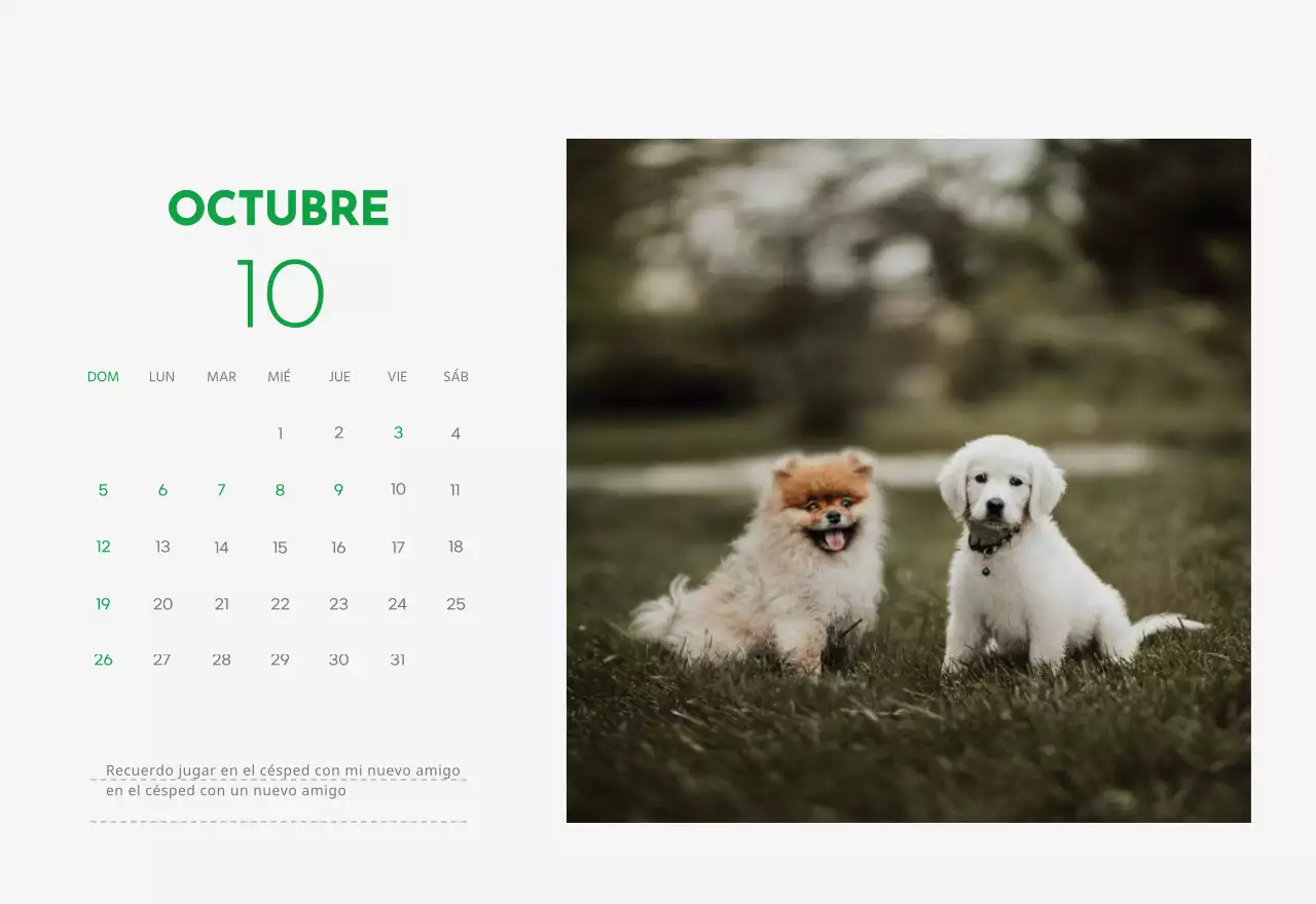 Un calendario con una foto de un cachorro y un bonito mensaje en color verde