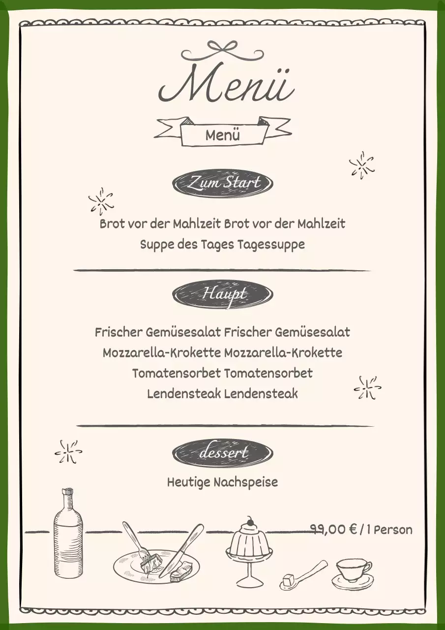 Eine Kollektion von trendigen Restaurant-Menüschildern in Grün und Elfenbein