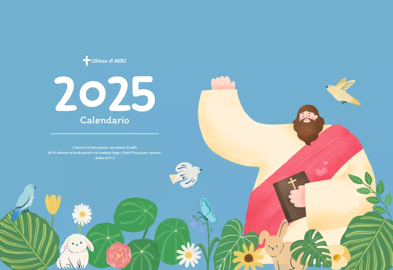 Un calendario devozionale con illustrazioni accoglienti e versetti della Bibbia su uno sfondo blu chiaro