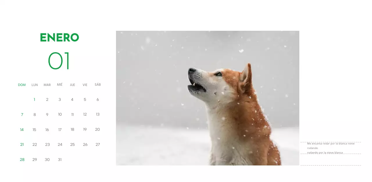 Un calendario con una foto de un cachorro y un bonito mensaje en color verde