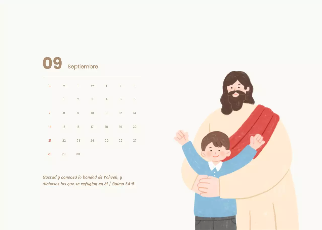 Un calendario devocional con acogedoras ilustraciones y versículos bíblicos sobre fondo azul claro