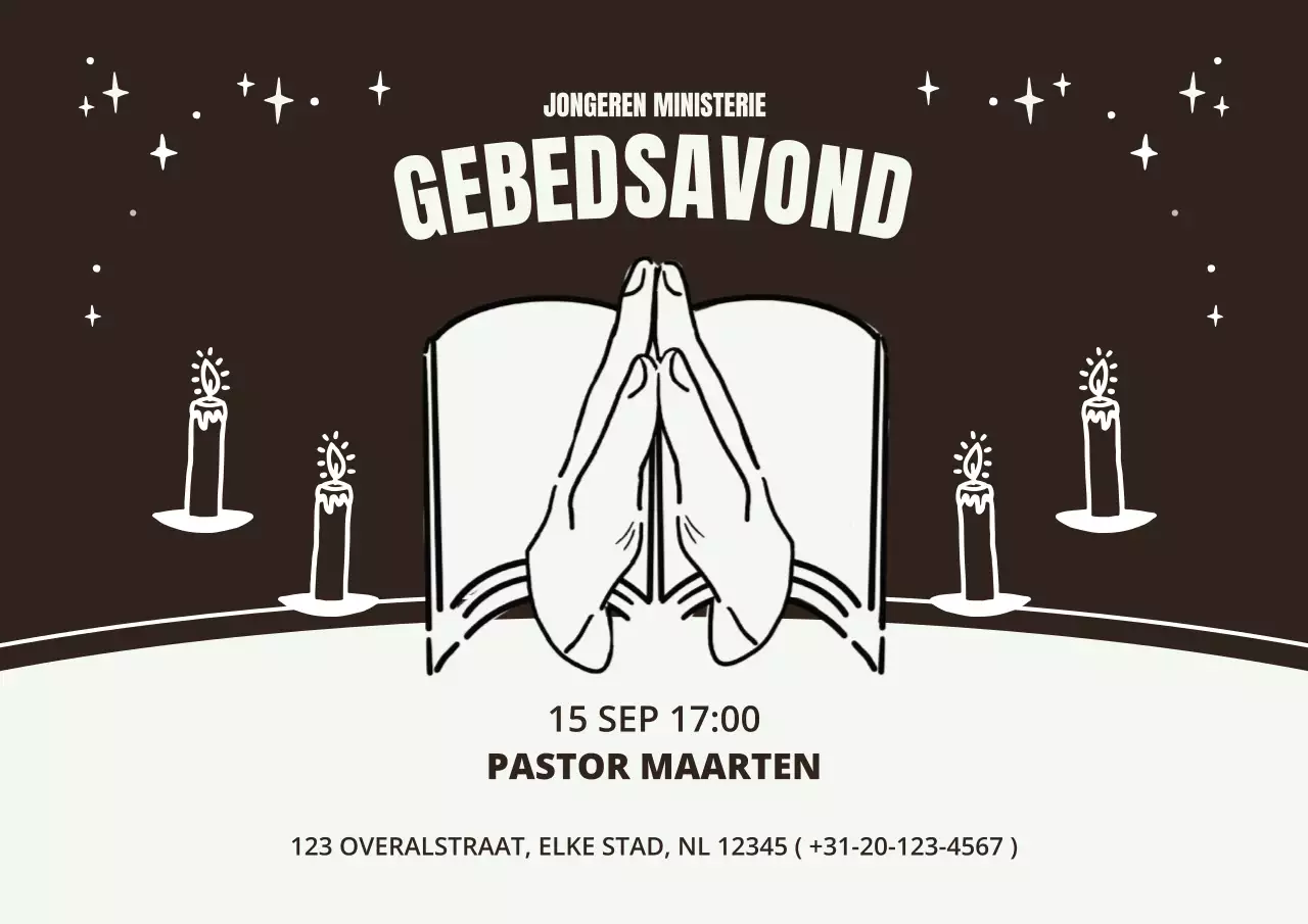 Een trendy advertentie voor gebedsbijeenkomsten in zwart en grijs