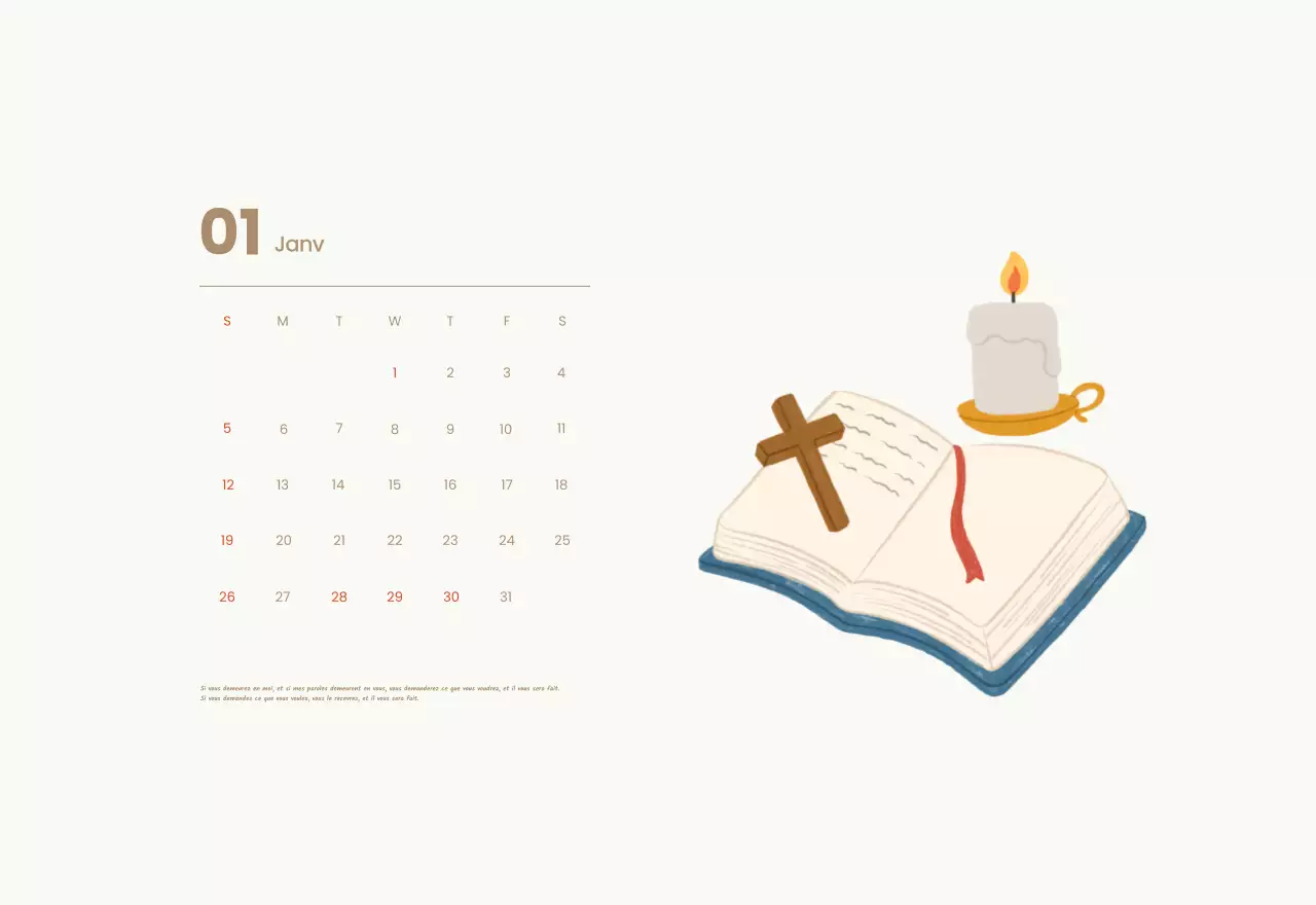 Un calendrier dévotionnel avec des illustrations douces et des versets bibliques sur un fond bleu clair.