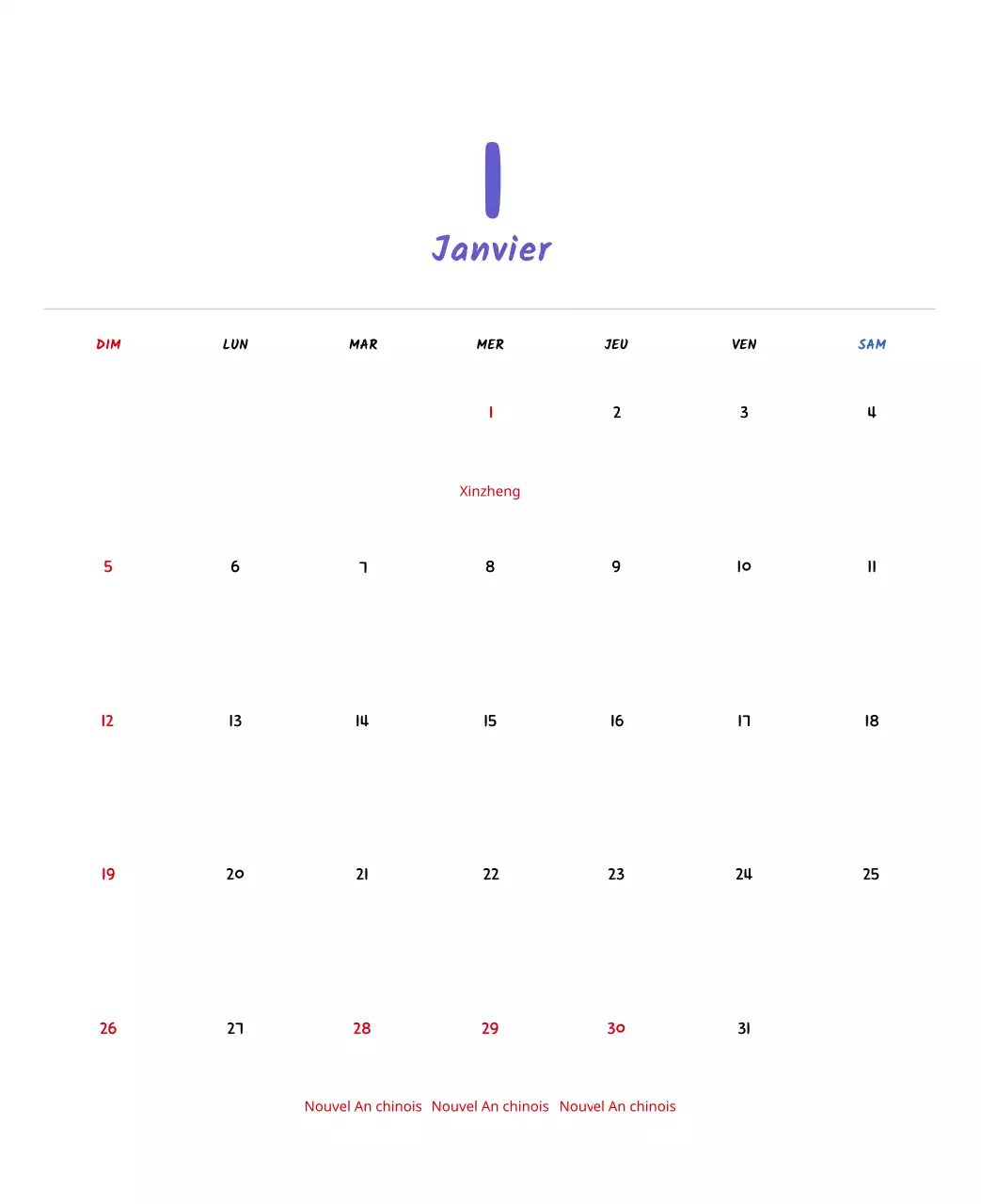Calendrier du Nouvel An avec de jolies illustrations