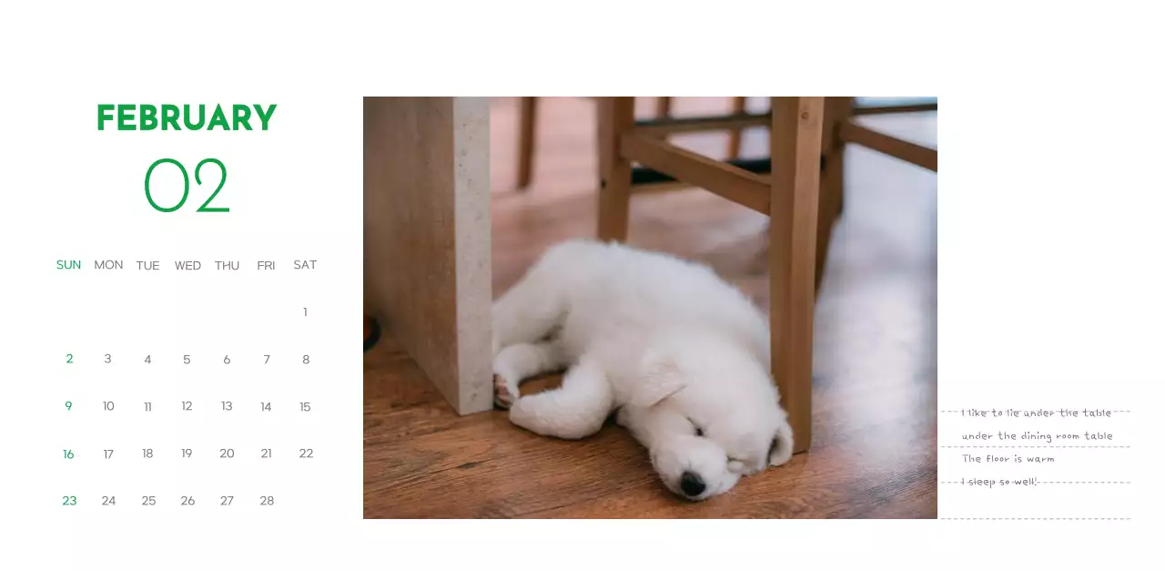 A calendar with a puppy photo and cute message in a green accent color