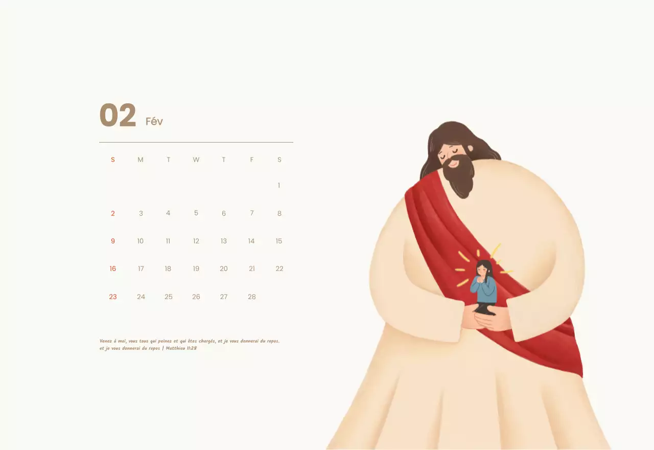 Un calendrier dévotionnel avec des illustrations douces et des versets bibliques sur un fond bleu clair.
