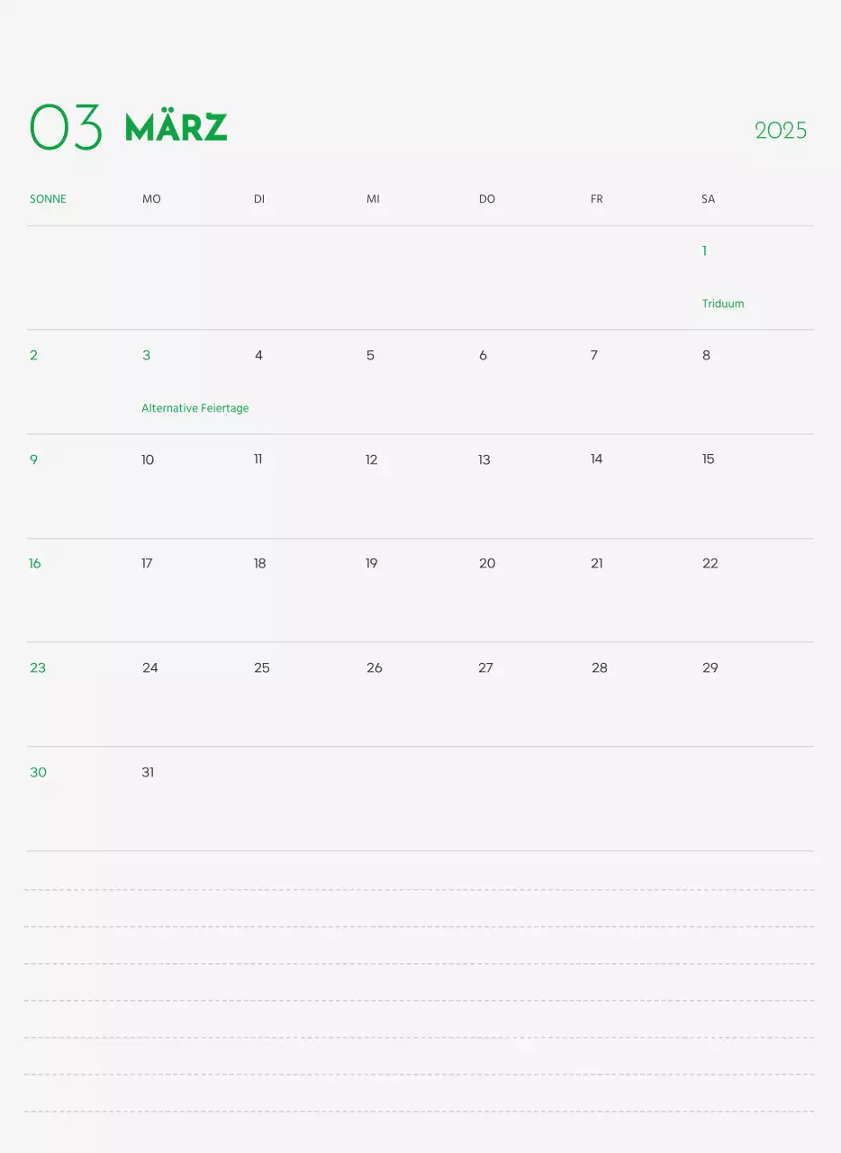 Ein Kalender mit einem Welpenfoto und einer süßen Botschaft in grüner Akzentfarbe