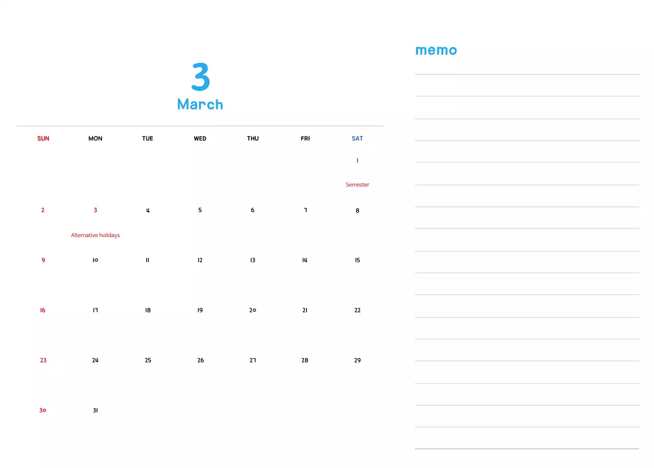 New Year's calendar with cute illustrations