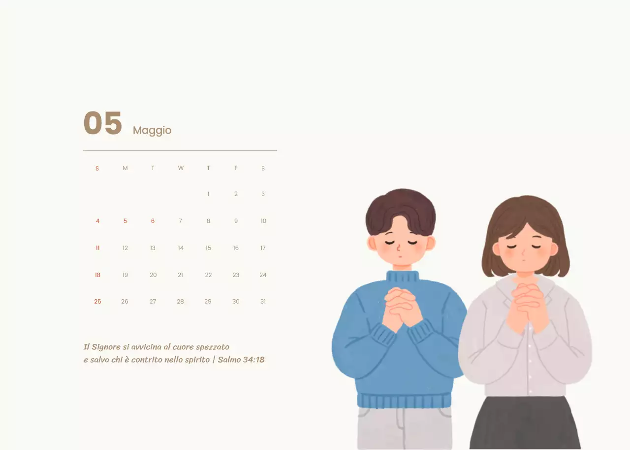 Un calendario devozionale con illustrazioni accoglienti e versetti della Bibbia su uno sfondo blu chiaro