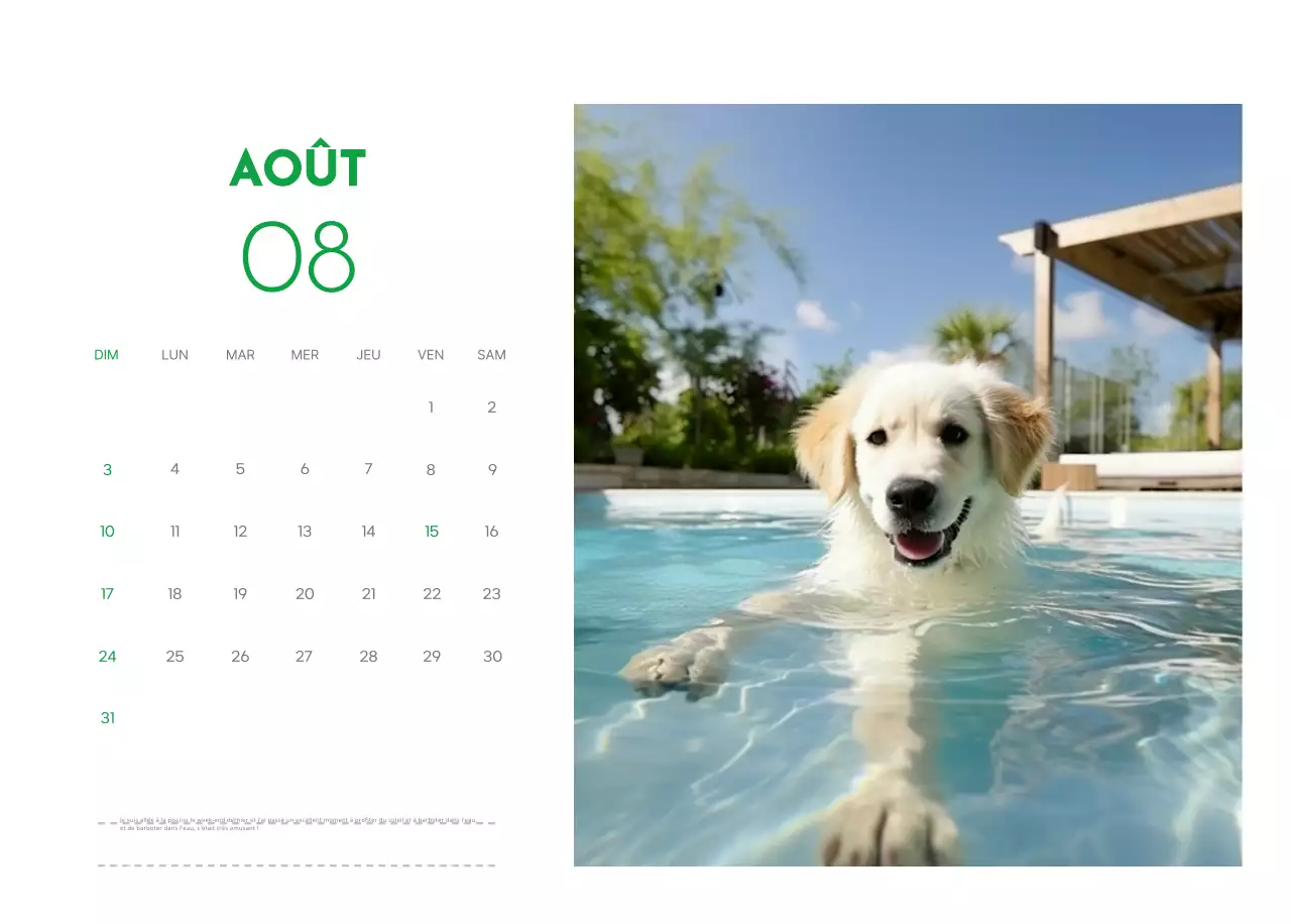 Un calendrier avec une photo de chiot et un message mignon dans une couleur verte.