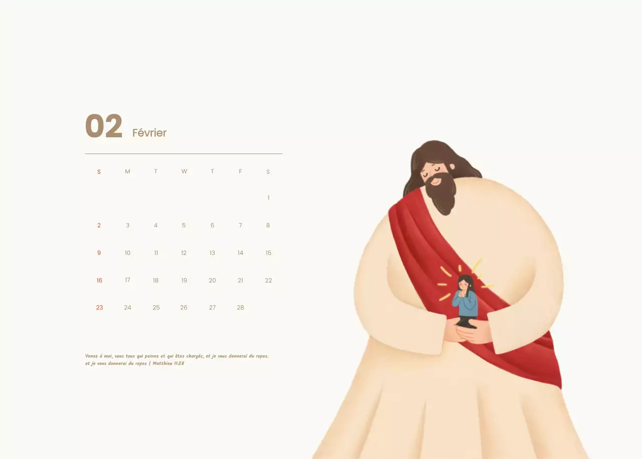 Un calendrier dévotionnel avec des illustrations douces et des versets bibliques sur un fond bleu clair.