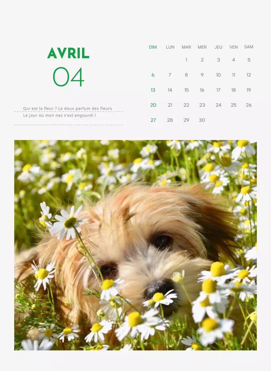 Un calendrier avec une photo de chiot et un message mignon dans une couleur verte.